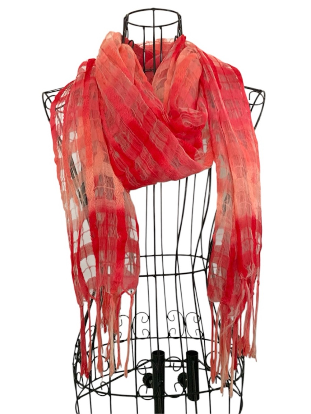 VTG Y2K Sheer Fringe Scarf – Coral & Pinkish Red Plaid Open Weave Wrap